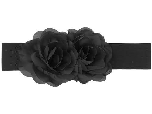 Women's Big Double-Flower Stretchy Belt, Elastic Wide Chunky Waistband Belts for Dress