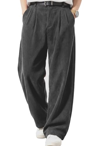 Heyfanee Corduroy Pants Men Loose Fit Pleated Trousers Dark Gray