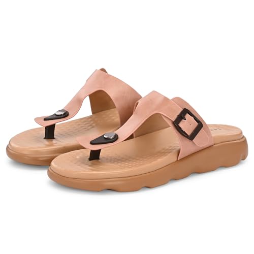 Image of Legwork Women's Orthopaedic T-Strap Thong Sandal | Acupressure Massage Footbed | EVA Cushioned Platform Sole | Doctor Arch Support | Adjustable Buckle Strap | Diabetic Friendly Flat Sandals for Women | UK 3-8 | Brown, Tan, Pink