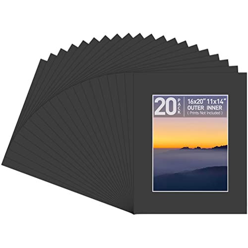 Pack of 20 16x20 BLACK Picture Mats with White Core Bevel Cut for 11x14 Pictures