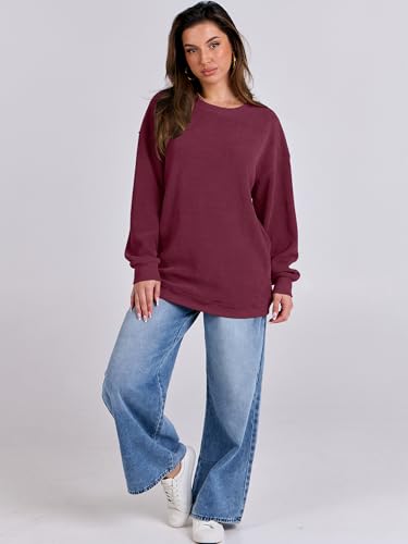 Caracilia Womens Oversized Sweatshirt Sweater Crewneck Long Sleeve Ribbed Corduroy Casual Pullover 2024 Fall Fashion Clothes Wine Red Small thumb #5