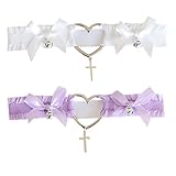 Women's Lolita Lace Garter Harness Elastic Gothic Leg Ring Cute Heart Shaped Cross Thigh Garter Belt 2pcs (Purple White)