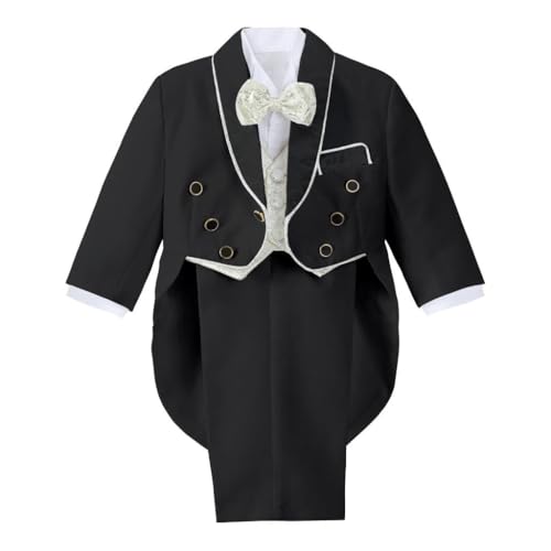 Image of Lito Angels Baby Boys Jacquard 5 Piece Tuxedo | Jacquard Jacket, Shirt, Bow Tie, Pants, Vest, Tuxedo Tail, Wedding Outfit