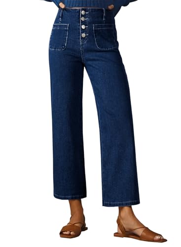 Sidefeel Women's Wide Leg Jeans High Waisted Zimbaplatinum Stretchy Straight Leg Jeans Buttoned Loose Denim Pants with Pocket