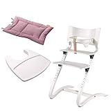 Contenu de la livraison : chaise Leander avec bandeau pour bébé en blanc laqué + plateau blanc + coussin rose dusty.