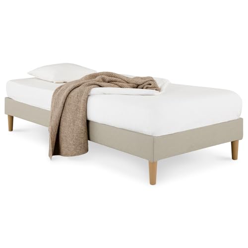 IDIMEX Sommier tapissier PAIMPOL 90 x 190 cm Structure en Bois et revêtement en Tissu Beige, Cadre de lit avec Pieds et sommier à Lattes pour 1 Personne