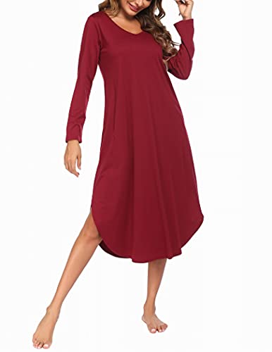 ADOME-Nachthemd-Damen-Langarm-Nachtwaesche-Baumwolle-Sleepshirt-Sleepwear-Lange-Kleid-Herbst-Freizeitkleid-V-Ausschnitt-High-Low-Nachtkleid-mit-Taschen