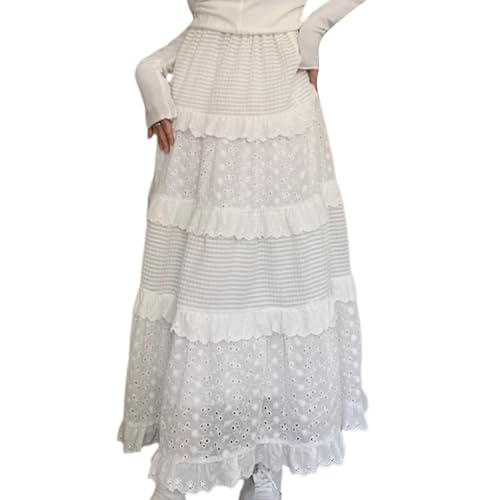 SOUTHJIELING Gonna lunga da donna elastica a vita alta con volant in pizzo increspato a una linea gonna lunga scavata fuori impiombata spiaggia sciolto bianco swing gonne