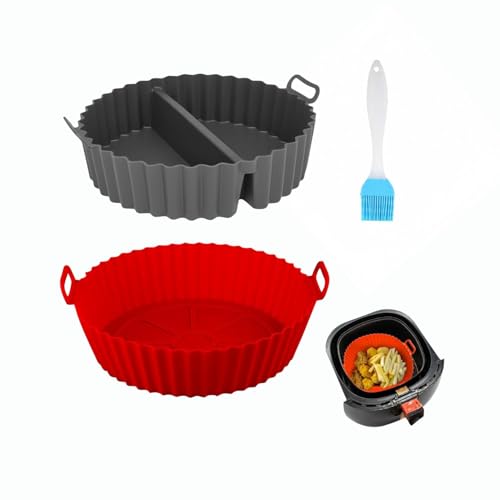 Image of PureBake Air Fryer Silicone Tray Liners Nonstick Reusable Heat Resistant Round Basket, 8-Inch with Handles, Multicolor, for Air Fryer, Oven, Microwave, and Steamer - Pack of 2 Liners with Brush
