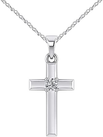 Pretty Jewels 925 Sterling Silver 0.03 ct Round Cut Natural White Diamond Solitaire Cross Pendant Necklace Along With 18" Chain Christmas Gift (Diamond Color: H-I, Clarity: I1-I2)