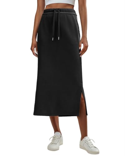 Lepunuo Casual Sweat Skirts Womens High Waist Summer Drawstring Slit Skirts with Pockets A - Black