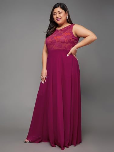 Image of Miss Chase A+ Women's Round Neck Sleeveless Georgette Floral Lace Fit & Flare Maxi Dress