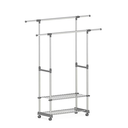 stardis Kleiderständer auf Rollen mit Ablagen ausziehbar höhenverstellbar Doppelte Edelstahl Kleiderstange grau stabil belastbar Garderobenständer Kleiderwagen B 90–153 x T 42 x H 95–170 cm