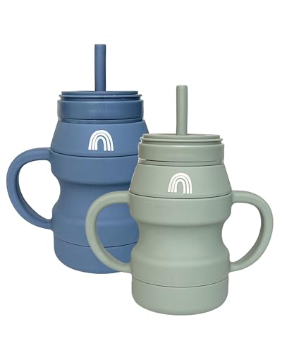 Image of Hippypotamus Silicone Transition Cups - Squeeze-Proof Toddler Cups With Straw & Lid - Removable Handles - Set of 2 (Sage/Fog)