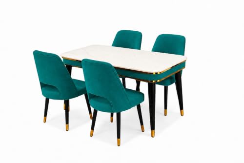 Image of WOODEN SPACE 4 Seater Wooden Dining Table Set | Urban Marble Top Dining Table with Chairs for Dining Room & Kitchen (Modern Vintage Sky Blue) (54 x 36 x 30 inch)