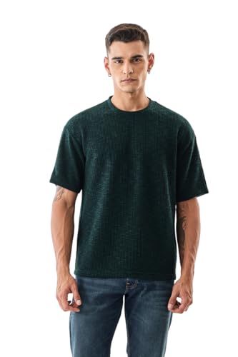 Image of SNITCH Men's T-Shirt | Textured Oversized Crew Neck Design | Premium Polyester Blend Fabric with Waffle Weave | Breathable & Lightweight Casual Wear
