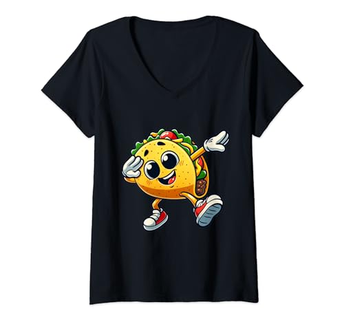 Womens Funny Taco Dabbing Cute Taco Mexican Food Lovers Taco Crew V-Neck T-Shirt