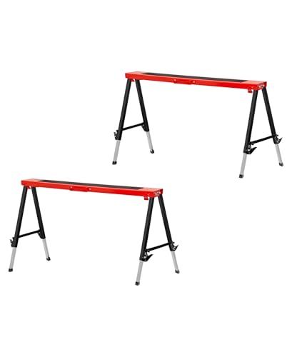 FIELDOOR ソーホース 作業台 2台セット 折りたたみ 作業馬 幅116cm 高さ調整 耐荷重150kg メタル スチール製 馬脚 DIY 日曜大工 木工 簡易 工作 机 デスク ワークテーブル テーブル脚 脚のみ [ブラック×レッド]