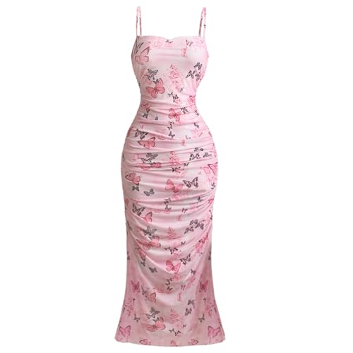 Image of ACOSAP Women's Floral Ruched Bodycon Midi Dress Sleeveless Mesh Fishtail Slip Dresses