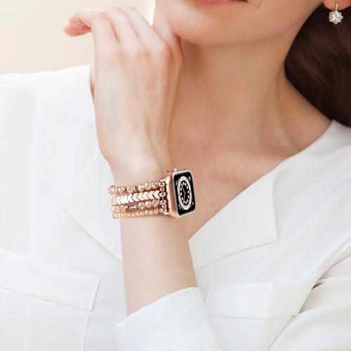 MOFREE Beaded Band for Women Compatible with Apple Watch 38mm 40mm 41mm 42mm, Fashion Crystal Elastic Straps Wristbands for iWatch Bands Series 11/10/9/8/7/SE/6/5/4/3/2/1 (Rose Gold/Yellowish) by MOFREE - Used condition - Image 6