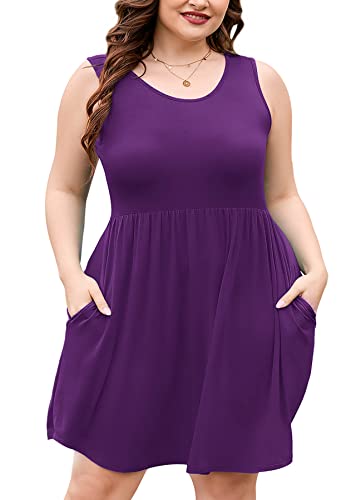 Image of AusLook Plus Size Summer Tank Dress for Women Casual Sleeveless Crewneck Pleated Babydoll Swing Sundresses with Pockets 1X-5X