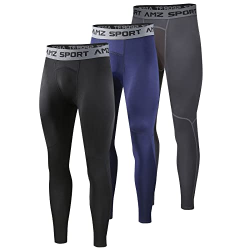 AMZSPORT Pantalones de Compresion Hombre Legging Mallas Deportivas para Correr, Negro & Negro Gris & Azul, M Cover