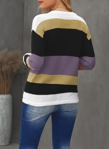 Image of Dokotoo Womens Sweaters Striped Fall Winter Outfits Drawstring Color Block | Long Sleeve,Crewneck,Lightweight Fashion Clothing,Teachers Comfy Outfits,Business Casual Tops,Vacation Wear