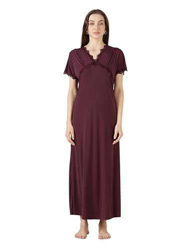 Image of 9shines Label Stylish Soft Modal Maxi Nighty | Honeymoon Nighty | Full Length Trendy Nightgown | V-Neck Lace | Premium Nightdress | Soft Long Nightdress | Maxi Gown Nightwear for Women (Malai Satin)