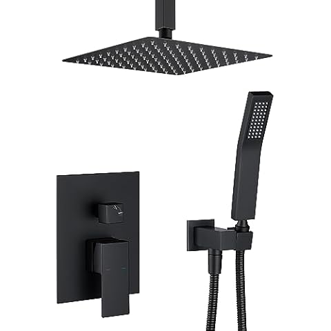 Artiqua Rain Shower System 10 Inches Shower Combo Set Black Ceiling Mount Shower Faucet Bathroom Faucets with Rainfall Shower Head and Hand Shower Cover