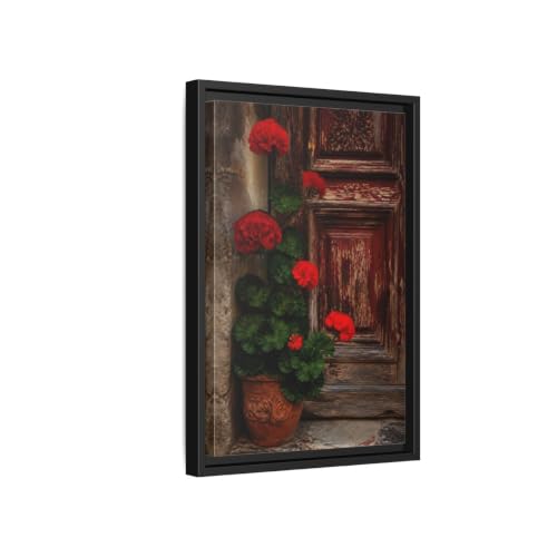Tableau géraniums rouges 30x45cm encadré noir impression sur toile décoration salon rustique