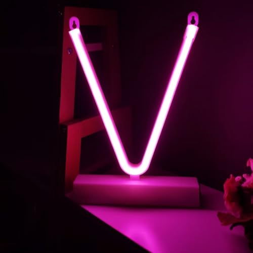 Image of V Letter Pink Neon Signs Led Neon Light up Decorative Art Lights Battery /USB Operated for Home Shop Bar Baby Shower Birthday Wedding Party,Valentine Gifts