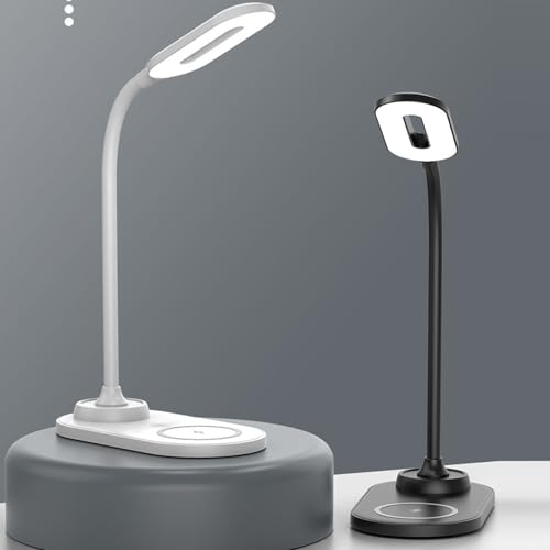 LED Desk Lamp with Wireless Charger for Home Office, Eye Caring 360 Degree Adjustable Reading Lamp with Wireless Charger, Stepless Dimmable Reading (White)