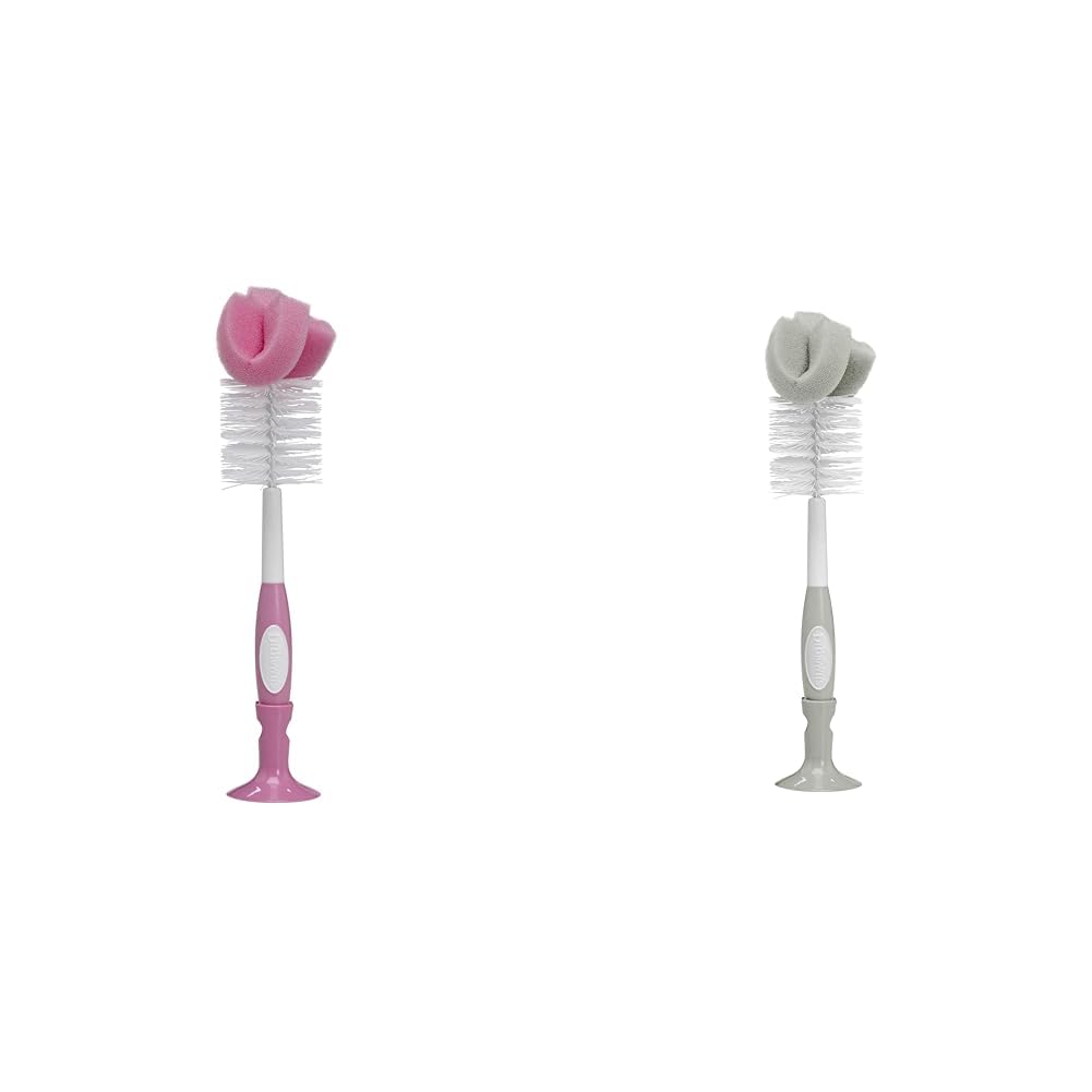 Dr. Brown's Reusable Sponge and Bristle Baby Bottle Cleaning Brushes with Nipple Cleaner, Pink and Grey 1-Packs