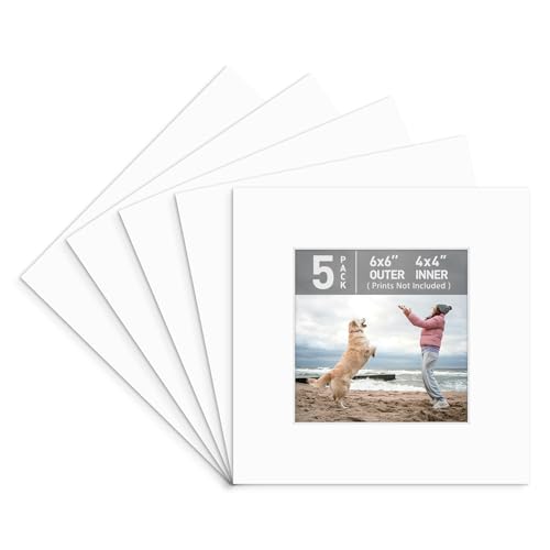 Golden State Art, Pack of 5 Acid Free Bevel Cut 4-Ply Thickness White Core Picture Mats for Photos (White, 6x6 for 4x4 Photo)