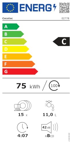 Cecotec Lave-vaisselle 60 cm Indépendant Bolero Aguazero 6500 C, 15 Couverts, 3ème Panier, 6 Programmes avec Dual Zone Wash, Dry+, Auto Open, Demi-Charge, Départ Différé, Moteur Inverter Plus
