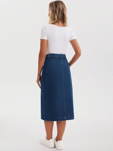 Women Denim Midi Skirt High Waisted Button Up Casual Slit Jean Skirts4