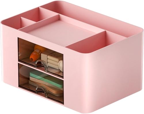 Image of Storescent Multi-functional Desk Organiser with 5 Compartments & 2 Drawers - Desktop Stationery & Cosmetic Storage Box for Office Supplies, Pens, Clips, Sticky Notes & Makeup (Pink)