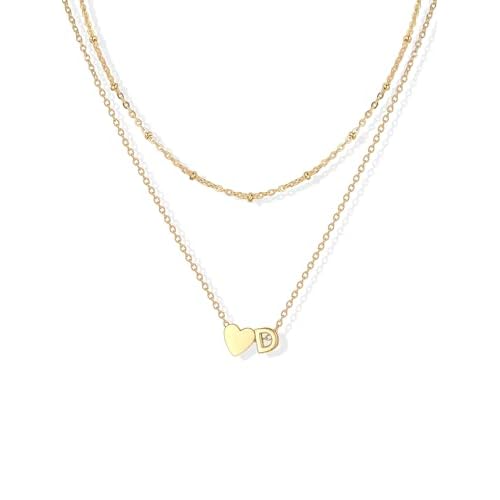 U7 Layered Heart Initial Necklace for Women,Tiny Silver/14K Gold Plated Heart Initial A-Z Letter Pendant Necklaces,Adjustable 16"- 18" Valentines Birt