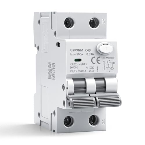 Disjoncteur différentiel 30mA 40A 1P+N Type A interrupteur différentiel RCBO 6kA MCB disjoncteurs de courant résiduel AC230V Protection contre les surcharges et les courts circuits GYR9NM