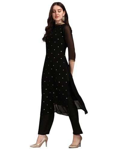 Image of Saanjh Women's Faux Georgette Embellished Printed Straight Kurta with Bottom||Kurta Set