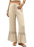 Dokotoo Wide Leg Pants Woman Summer Outfits Beach Vacation Essentials Casual Elastic High Waisted Drawstrings Tie Fashion Clothing Solid Loose Fit Lace Ruffle Hem Boho Trousers with Pockets Khaki M
