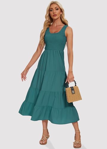 Image of Women's Summer Smocked Maxi Dresses Sleeveless U Neck Ruffle Hem Tiered A Line Flowy Dress