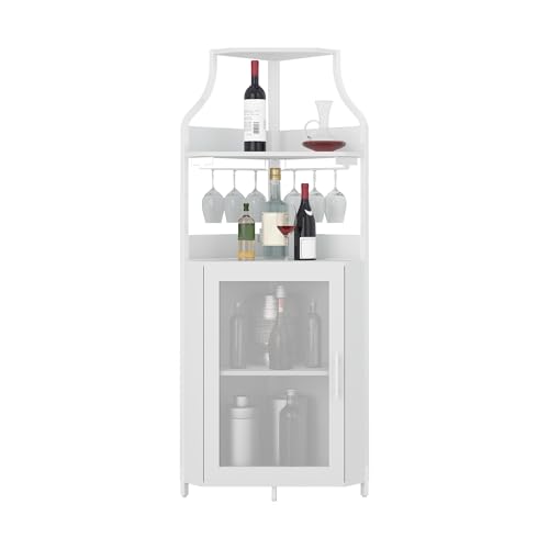 Armoire à Vin D’angle à 4 étages avec Porte en Maille Casier en Bois Buffet D’angle 5 Niveaux Pour Vin avec Support en Verre et Rangement de Vin...