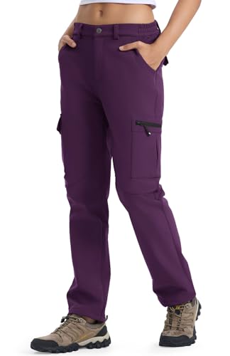 YSENTO Pantalones de senderismo para mujer, softshell, trekking, forro polar de invierno, con forro impermeable, para trabajo, morado, M