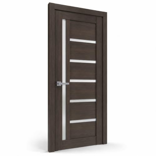 SARTODOORS Quadro 4088 Interior Door 36 x 80 in, Single Swing Door Slab with Frosted Glass, Chocolate Ash Solid MDF, Frame, Hinges and Handle Included, Reversible