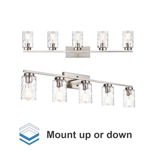 Image of Vanity Lights for Bathroom 5 Light Sconces Vanity Light Fixture Modern Brushed Nickel Wall Mount Lighting with Clear Hammered Shade,Wall Lights for Bathroom Living Room Makeup Dressing Table