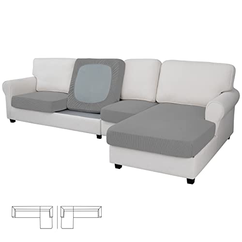 Image of Easy-Going Stretch 4 Pieces Couch Cushion Covers for Sectional Sofa L Shape | 3 Seater + 1 Chaise Lounge Left /Right L Sofa Seat slipcover Anti-Slip Sofa Cover Soft Light Gray