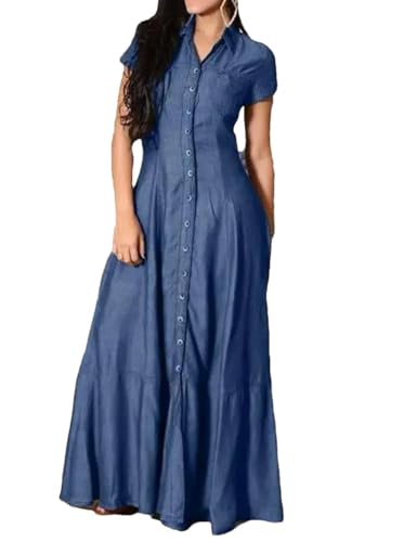 Rfmfkkg Women's Solid Color Denim Shirt Dress Lapel Button Long Dress Swing Loose Short Sleeves Dress