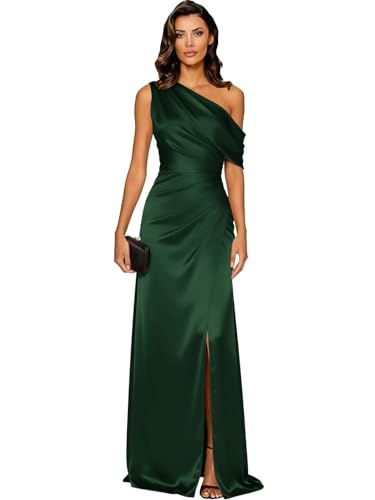 Gekaioe Emerald Green Satin Bridesmaid Dresses with Slit Pleated One Shoulder Mermaid Long Elegant Ruched Formal Evening Gowns for Women Size 6