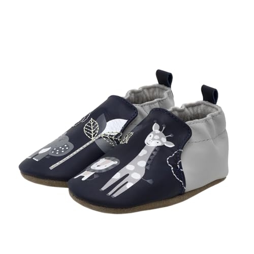 Robeez Baby Boys and Unisex Soft Soles Slip-Resistant Crib Shoes Slippers for Infant and Toddler, Hello World Safari Animals Navy Leather, 6-12 Months